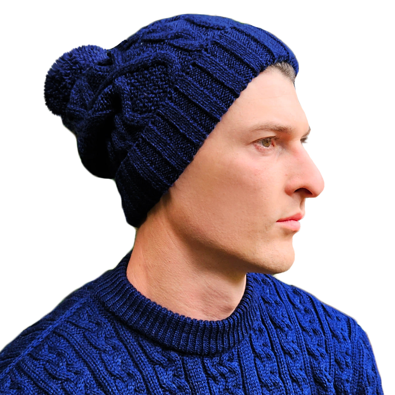 Bobble Hat for Men Navy Blue Long Slouch Men s Woolly Hat Winter Beanies for Men Entire Empire