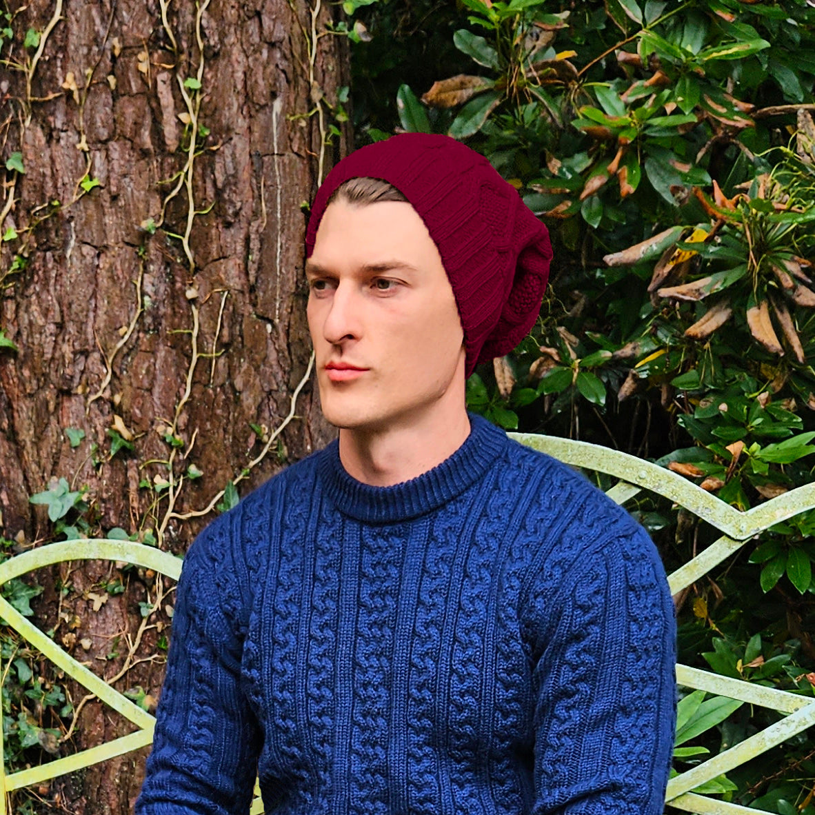 Bobble Hat for Men Burgundy Men s Woolly Hat Dark Red Long Slouch Winter Beanie for Men Entire Empire