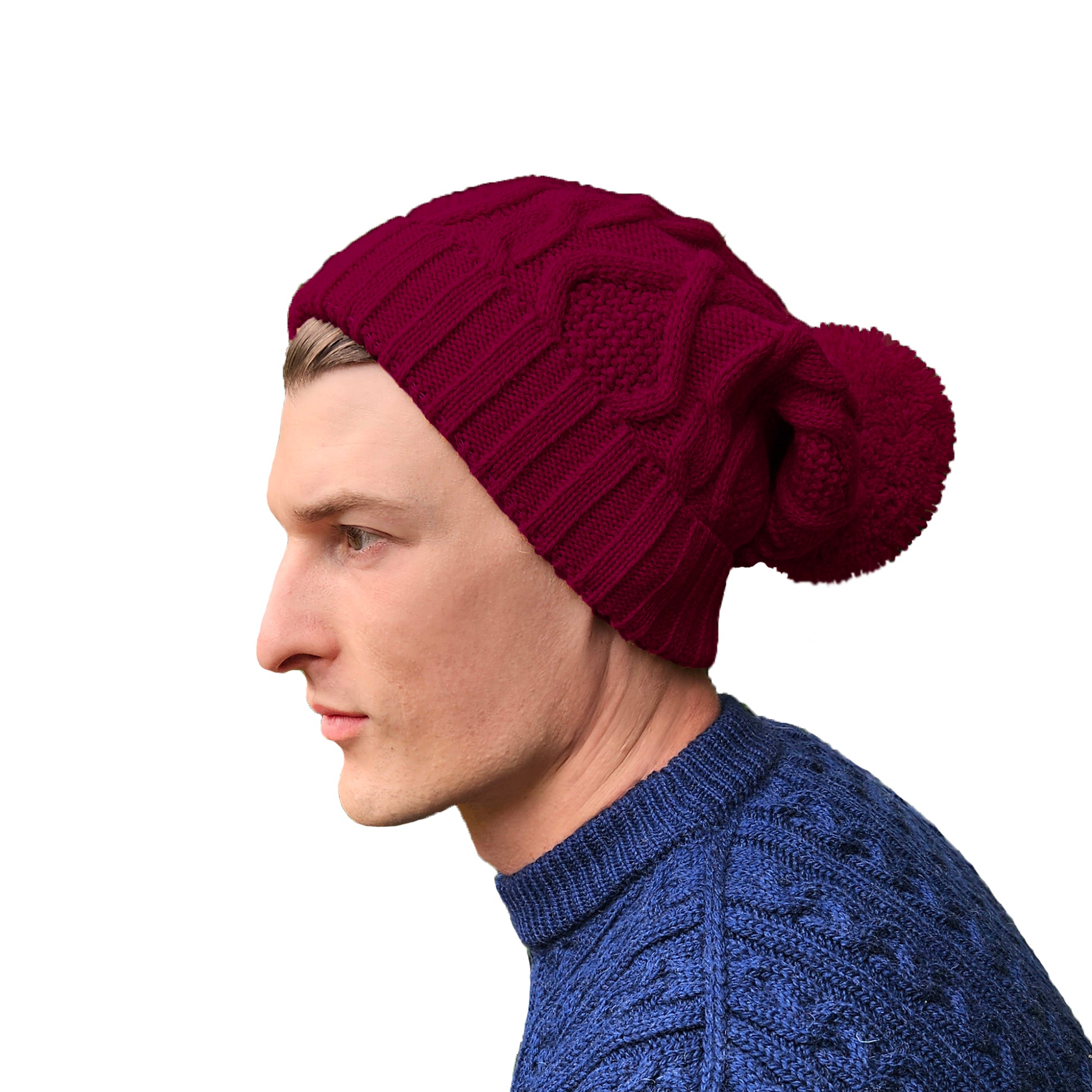 Bobble Hat for Men Burgundy Men s Woolly Hat Dark Red Long Slouch Winter Beanie for Men Entire Empire