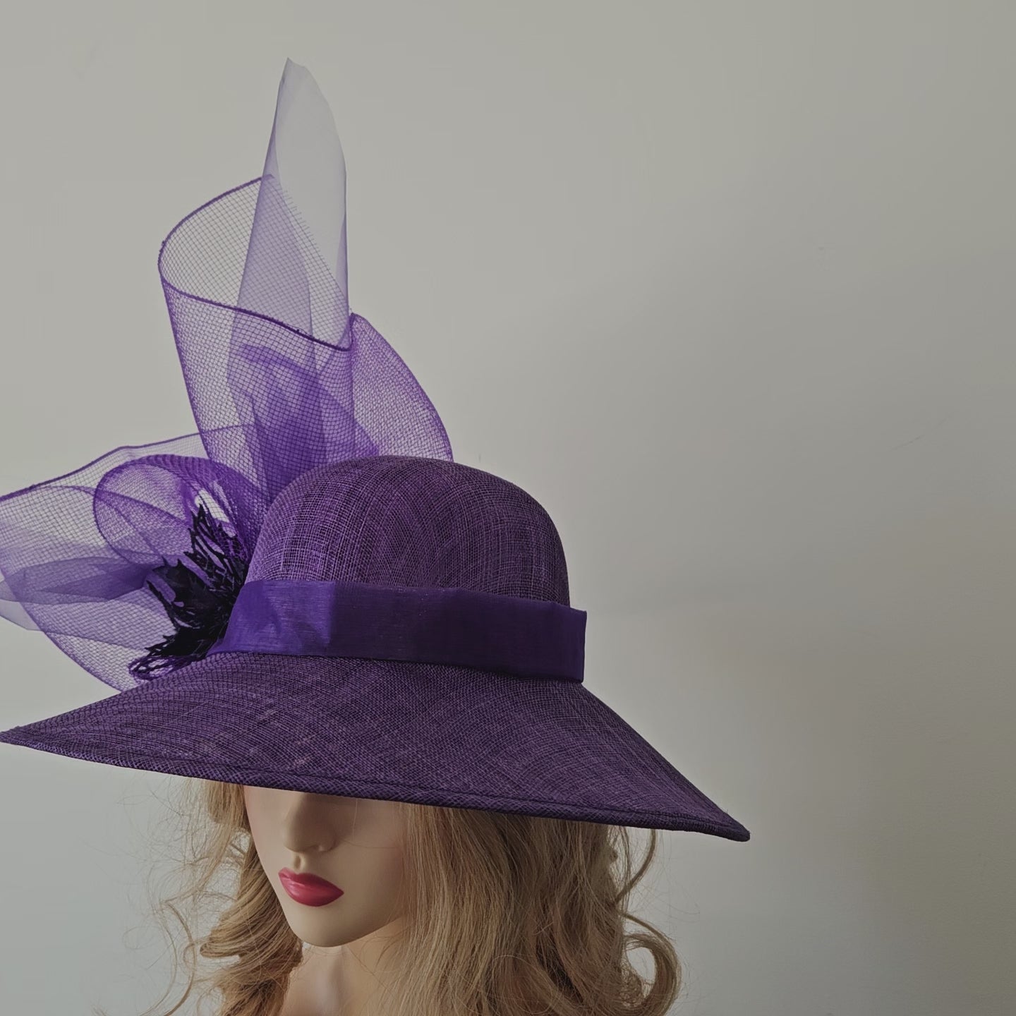 Purple Ascot Hat with Wide Brim Large Wedding Hats Ladies Racing Hats Church Hats for Women